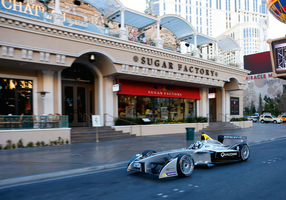 Test driver Lucas di Grasi drove the car on the Las Vegas strip for the test