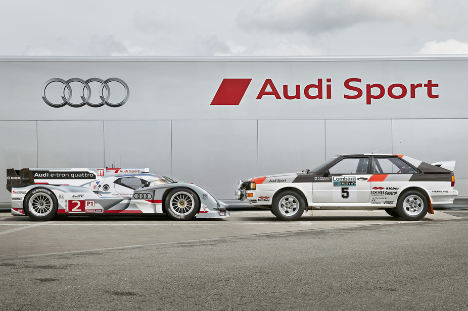 The R18 E-Tron Quattro poses with the original Audi Quattro