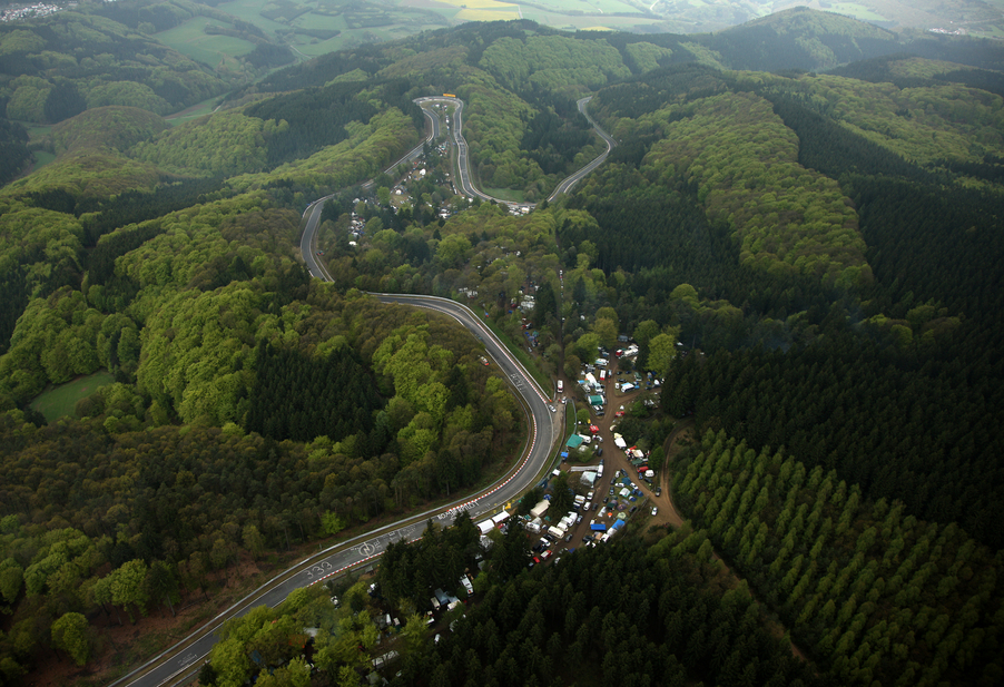 The Nürburgring (Nordschleife) seen from above, winds its way through the Eifel mountains.