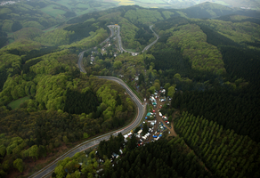 The Nürburgring (Nordschleife) seen from above, winds its way through the Eifel mountains.
