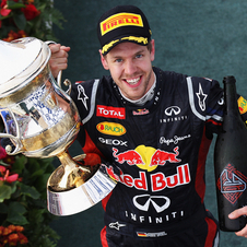 Vettel mit der Trophäe beim Großen Preis von Bahrain